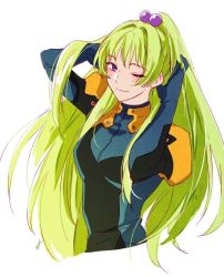 Rule 34 | 1girl, bodysuit, green hair, hands in hair, heeparang, long hair, looking to the side, mia lilienthal, one eye closed, pilot suit, ponytail, purple eyes, restol special rescue squad, solo, upper body, very long hair, white background