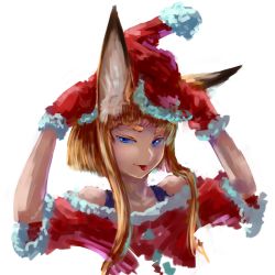 Rule 34 | 1girl, :p, animal ear fluff, animal ears, blue eyes, fox ears, fur trim, gloves, half-closed eye, hands up, hat, jaco, looking at viewer, mittens, original, red gloves, red hat, red mittens, santa costume, santa hat, short hair with long locks, sidelocks, simple background, smile, solo, thick eyebrows, tongue, tongue out, uneven eyes, upper body, white background