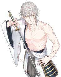 10s 1boy blood blood_on_face blood_on_clothes cowboy_shot cuts from_above hand_on_own_hip holding holding_sword holding_weapon injury male_focus nipples parted_lips silver_hair simple_background sine smile solo sword touken_ranbu tsurumaru_kuninaga weapon white_background yellow_eyes