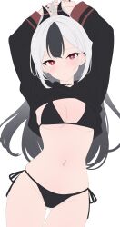 Rule 34 | 1girl, absurdres, arms up, bikini, black bikini, black hair, black hoodie, black nails, blue archive, breasts, closed mouth, commentary, earrings, grey hair, highres, hiyayo25, hood, hoodie, jewelry, kayoko (blue archive), long hair, long sleeves, looking at viewer, medium breasts, multicolored hair, nail polish, navel, navel piercing, piercing, red eyes, simple background, solo, stomach, string bikini, swimsuit, symbol-only commentary, two-tone hair, white background