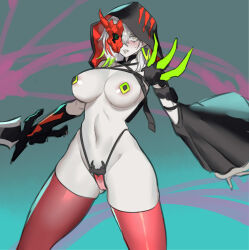 Rule 34 | 1girl, areola slip, blush, breasts, colored skin, dagger, detached sleeves, diabellstar the black witch, duel monster, green eyes, grey hair, grey skin, half mask, highleg, highleg swimsuit, highres, holding, holding dagger, holding knife, holding weapon, hood, hood up, knife, large breasts, mask, medium hair, multicolored hair, navel, pasties, pubic hair, red thighhighs, revealing clothes, see-through, solo, spikes, standing, streaked hair, swimsuit, thighhighs, ukimukai, weapon, yu-gi-oh!