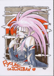 Rule 34 | 1girl, breasts, cleavage, dated, detached sleeves, highres, long hair, marker (medium), nail polish, naughty face, painting (medium), pink hair, red eyes, red nails, ryouko (tenchi muyou!), scan, scan artifacts, silver hair, smile, smirk, solo, spiked hair, tenchi muyou!, traditional media, watercolor (medium)