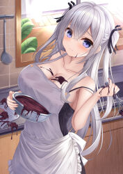 Rule 34 | 1girl, absurdres, apron, black shirt, blush, bowl, breasts, chocolate, chocolate on body, chocolate on breasts, chocolate on face, cleavage, closed mouth, collarbone, commentary request, crossed bangs, food, food on body, food on face, grey hair, hair ribbon, hanonokusa, highres, holding, holding bowl, holding whisk, kitchen, ladle, large breasts, long hair, looking at viewer, original, purple eyes, recipe (object), ribbon, shirt, sidelocks, solo, standing, strap slip, tile wall, tiles, two side up, valentine, whisk, white apron, window