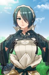 Rule 34 | 1girl, arrow (projectile), blue eyes, blue hair, cloud, commission, day, drawingddoom, fire emblem, fire emblem fates, gloves, hair over one eye, hairband, heart, highres, nintendo, outdoors, parted lips, setsuna (fire emblem), short hair, sky, smile, solo, upper body