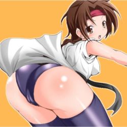 Rule 34 | 1girl, ass, bare shoulders, braid, breasts, brown eyes, brown hair, from behind, gloves, headband, hip attack, huge ass, long hair, looking at viewer, looking back, open mouth, shiny clothes, sideboob, single braid, snk, solo, spandex, the king of fighters, thick thighs, thighs, very long hair, yuri sakazaki