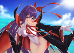 Rule 34 | 1girl, bare shoulders, bat wings, bb (fate), bb (fate) (all), bb (swimsuit mooncancer) (fate), bb (swimsuit mooncancer) (third ascension) (fate), beach, black coat, blush, breasts, closed mouth, coat, cocoablue23, collarbone, day, fate/grand order, fate (series), gloves, hair ribbon, highleg, highleg leotard, large breasts, leotard, licking lips, long hair, long sleeves, looking at viewer, neck ribbon, open clothes, open coat, popped collar, purple eyes, purple hair, red ribbon, ribbon, smile, solo, sunlight, thighs, tongue, tongue out, vampire costume, very long hair, white gloves, white leotard, wide sleeves, wings