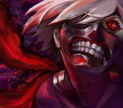Rule 34 | 1boy, black bodysuit, black sleeves, bodysuit, commentary request, grey hair, highres, kagune (tokyo ghoul), kaneki ken, looking at viewer, male focus, mask, mouth mask, multicolored background, portrait, red eyes, shiny clothes, short hair, solo, teeth, teeth print, tokyo ghoul, wuming (vkfu8353), zipper, zipper pull tab