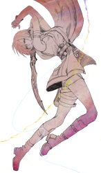 Rule 34 | 1girl, absurdres, armband, bare shoulders, belt, boots, breasts, cape, final fantasy, final fantasy xiii, full body, gloves, gunblade, hair between eyes, highres, holding, holding weapon, holster, lightning farron, looking back, medium breasts, medium hair, shio ga, solo, thigh holster, weapon, white background