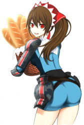 Rule 34 | 00s, 1girl, alicia melchiott, ass, bread, brown hair, food, gloves, headdress, lang (chikage36), long hair, looking back, military, military uniform, open mouth, red eyes, senjou no valkyria, senjou no valkyria (series), senjou no valkyria 1, simple background, smile, solo, twintails, uniform