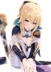 Rule 34 | 1girl, ayul (ayulneri 92), blonde hair, blue capelet, blurry, blush, book, breasts, capelet, cleavage, depth of field, genshin impact, highres, jean (genshin impact), knees up, large breasts, long hair, looking at viewer, multicolored capelet, open mouth, pants, ponytail, sidelocks, simple background, sitting, sword, tight clothes, tight pants, weapon, white background, white pants