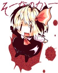 Rule 34 | 1girl, ascot, bad id, bad pixiv id, black dress, blonde hair, chibi, dress, embodiment of scarlet devil, female focus, hair ribbon, highres, mk, open mouth, outstretched arms, red eyes, ribbon, rumia, short hair, solo, spread arms, touhou, | |