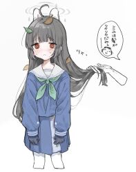 Rule 34 | 1girl, ahoge, animal ears, black hair, blue archive, blue gloves, blue shirt, blue skirt, blush, bright pupils, chibi, chibi inset, closed mouth, cropped legs, disembodied hand, doodle sensei (blue archive), fake animal ears, frown, gloves, green neckerchief, halo, highres, holding, holding hair, leaf, leaf on head, long hair, long sleeves, looking at viewer, miyu (blue archive), moga (ponco gris), neckerchief, rabbit ears, red eyes, sailor collar, sensei (blue archive), shirt, simple background, skirt, speech bubble, translation request, white background, white pupils