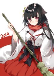 Rule 34 | 1girl, 2019, bad id, bad pixiv id, bamboo broom, black hair, blush, broom, brown eyes, commentary request, girls&#039; frontline, hakama, hakama skirt, hasegawa (rarairairai), highres, holding, holding broom, japanese clothes, kimono, long hair, long sleeves, looking at viewer, official alternate costume, red background, red hakama, red scarf, ribbon-trimmed sleeves, ribbon trim, scarf, short kimono, skirt, solo, two-tone background, type 100 (girls&#039; frontline), type 100 (gunslinger miko) (girls&#039; frontline), very long hair, white background, white kimono, wide sleeves