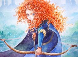 Rule 34 | 1girl, arrow (projectile), blue cape, blue dress, blue eyes, bow (weapon), brave (pixar), cape, commentary request, cowboy shot, curly hair, dress, eyelashes, freckles, incoming attack, karin park, korean commentary, long hair, long sleeves, looking at viewer, merida (brave), orange hair, painting (medium), signature, solo, traditional media, watercolor (medium), weapon