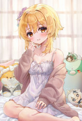 Rule 34 | 1girl, absurdres, alternate costume, bare shoulders, bed, bed sheet, blonde hair, blurry, blush, casual, character doll, collarbone, commentary request, contemporary, curtains, depth of field, dress, flower, genshin impact, hair between eyes, hair flower, hair ornament, highres, hue oo, jacket, long sleeves, looking at viewer, lumine (genshin impact), paimon (genshin impact), pajamas, parted lips, pillow, short hair, short hair with long locks, sidelocks, sitting, sleeveless, smile, solo, spaghetti strap, stuffed animal, stuffed bird, stuffed dog, stuffed toy, sweater jacket, taroumaru (genshin impact), wariza, white dress, window, xiao (genshin impact), yellow eyes