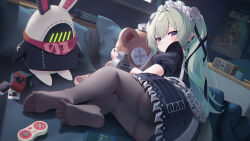 1girl bangboo_(zenless_zone_zero) black_dress black_pantyhose black_ribbon camera chain chinese_commentary commentary_request controller corin_wickes dinyc dress earclip earrings eous_(zenless_zone_zero) feet game_controller green_hair hair_between_eyes hair_ribbon highres hugging_doll hugging_object indoors jewelry long_hair looking_at_viewer lying maid maid_headdress no_shoes on_side pantyhose parted_lips pillow poster_(object) puffy_short_sleeves puffy_sleeves purple_eyes ribbon short_sleeves soles stuffed_animal stuffed_toy teddy_bear teeth thighband_pantyhose toes twintails very_long_hair zenless_zone_zero