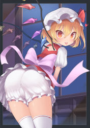 Rule 34 | 1girl, :p, absurdres, ass, blonde hair, bloomers, bow, cowboy shot, crotch, crystal, flandre scarlet, frilled skirt, frills, harunoha, hat, hat bow, heart, highres, indoors, leaning forward, looking at viewer, mob cap, night, one side up, pink bow, puffy short sleeves, puffy sleeves, red bow, red eyes, red skirt, red vest, shirt, short hair, short sleeves, skirt, slit pupils, solo, standing, thighhighs, thighs, tongue, tongue out, touhou, underwear, vest, waist bow, white hat, white shirt, white thighhighs, window, wings