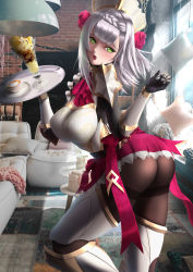 Rule 34 | 1girl, armor, artist request, ass, blush, boots, breasts, dress, embarrassed, from behind, genshin impact, green eyes, headdress, highres, large breasts, long hair, looking back, maid, maid headdress, noelle (genshin impact), pantyhose, shiny clothes, short dress, silver hair, solo, thigh boots, thighhighs