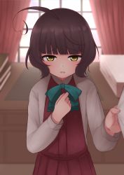 Rule 34 | 1girl, ahoge, blunt bangs, brown eyes, brown hair, chair, clothes grab, commentary request, commission, cowboy shot, desk, dress, hand on own chest, indoors, kantai collection, kishinami (kancolle), long sleeves, looking at viewer, pleated dress, purple dress, school uniform, shirt, short hair, skeb commission, sleeve grab, solo, standing, tiemu (man190), wavy hair, white shirt, window