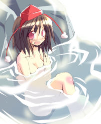 Rule 34 | 1girl, bad id, bad pixiv id, bathing, blush, brown hair, covering privates, covering breasts, female focus, hat, nude, nude cover, onsen, red eyes, satou kibi, shameimaru aya, sitting, solo, tokin hat, touhou, water