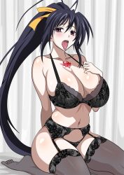 Rule 34 | 1girl, ahoge, antenna hair, arm behind back, black bra, black garter belt, black hair, black panties, bra, breasts, chest tattoo, cleavage, collarbone, garter belt, hair intakes, hair ribbon, hand on own chest, high ponytail, high school dxd, highres, himejima akeno, huge breasts, lingerie, long hair, looking at viewer, no shoes, open mouth, panties, ponytail, purple eyes, ribbon, seiza, sidelocks, sitting, solo, tattoo, thighhighs, tongue, tongue out, underwear, underwear only, very long hair, yellow ribbon, yxyyxy