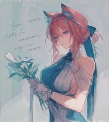 Rule 34 | 1girl, animal ear fluff, animal ears, arknights, bare shoulders, blue dress, blue eyes, blue ribbon, bouquet, cat ears, cat girl, commentary request, dress, english text, flower, gloves, hair ribbon, heidi (a thousand correspondences) (arknights), heidi (arknights), holding, holding bouquet, kumatangent, official alternate costume, parted lips, pink hair, ribbon, sidelocks, solo, two-tone dress, upper body, white dress, white gloves