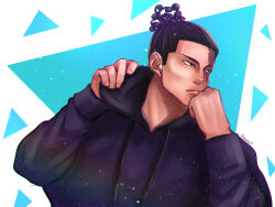 Rule 34 | 1boy, artist request, black hair, expressionless, highres, hood, hoodie, jujutsu kaisen, looking to the side, male focus, scar, scar across eye, short hair, sideburns, solo, toudou aoi (jujutsu kaisen), triangle background, two-tone background, upper body