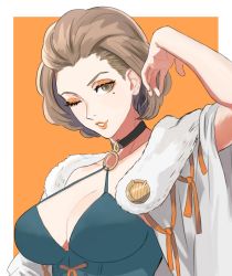Rule 34 | 1girl, adz lrp, arm up, breasts, brown eyes, brown hair, choker, cleavage, collarbone, eyeshadow, female focus, fire emblem, fire emblem: three houses, hair slicked back, hand in own hair, large breasts, lips, lipstick, looking at viewer, makeup, manuela casagranda, mascara, matching hair/eyes, mature female, mole, mole under eye, nintendo, one eye closed, orange lips, parted lips, puckered lips, short hair, simple background, smile, solo, upper body, wink