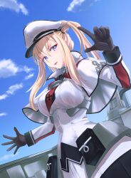 Rule 34 | 1girl, black gloves, blonde hair, blue eyes, blush, breasts, capelet, cloud, cloudy sky, day, flight deck, gloves, graf zeppelin (kancolle), hair between eyes, hat, highres, kantai collection, large breasts, long hair, looking at viewer, machinery, military, military uniform, outdoors, peaked cap, sidelocks, skirt, sky, smile, solo, tsukasa (tukasa br), twintails, uniform