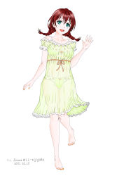 Rule 34 | 1girl, absurdres, aqua eyes, artist name, artist request, bare legs, bare shoulders, barefoot, blue eyes, blush, bow, bra under clothes, braid, breasts, brown hair, collarbone, dress, emma verde, feet, female focus, floating hair, freckles, frilled dress, frills, full body, green dress, green skirt, hair between eyes, hair tie, hand wave, highres, long hair, looking at viewer, love live!, love live! nijigasaki high school idol club, miniskirt, nail polish, orange bow, orange nails, orange ribbon, parted lips, plaid, plaid dress, plaid skirt, pleated, pleated dress, pleated skirt, red hair, ribbon, skirt, small breasts, smile, solo, standing, standing on one leg, toenail polish, toenails, twin braids, twintails, wavy hair, white background