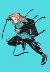 Rule 34 | 1boy, absurdres, alternate costume, black jacket, black pants, blue eyes, blue footwear, blue shirt, brown hair, character name, closed mouth, contemporary, full body, highres, holding, holding sword, holding weapon, hood, hood down, hooded jacket, jacket, kake hashi3, katana, kimetsu no yaiba, long hair, long sleeves, looking at viewer, male focus, open clothes, open jacket, pants, sabito, sabito (kimetsu), shirt, shoes, sneakers, solo, straight hair, sword, weapon