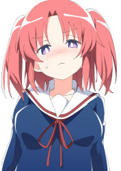 Rule 34 | 1girl, blush, breasts, closed mouth, ixy, large breasts, long sleeves, looking at viewer, mikakunin de shinkoukei, purple eyes, red hair, red neckwear, red ribbon, ribbon, sailor collar, school uniform, short hair, simple background, solo, twintails, white background, white sailor collar, yonomori kobeni