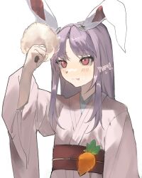 Rule 34 | 1girl, animal ears, blush, carrot, commentary, commeowdore, cotton candy, english commentary, english text, food, food-themed clothes, food on face, hand up, holding, holding food, japanese clothes, kimono, long hair, long sleeves, looking up, obi, purple hair, rabbit ears, red eyes, reisen udongein inaba, sash, simple background, smile, solo, tongue, tongue out, touhou, upper body, white background, wide sleeves