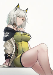 Rule 34 | 1girl, animal ear fluff, animal ears, arknights, black collar, breasts, cat ears, coat, collar, commentary, dress, feet out of frame, green dress, green eyes, green hair, highres, kal&#039;tsit (arknights), large breasts, lodbyy, looking at viewer, material growth, off-shoulder dress, off shoulder, open clothes, open coat, oripathy lesion (arknights), parted lips, short hair, simple background, sitting, solo, thighs, white background, white coat