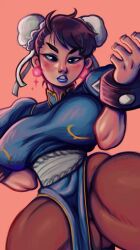 Rule 34 | 1girl, blue eyeliner, blue lips, bracelet, breasts, bugurrii, capcom, chinese clothes, chun-li, earrings, eyeliner, highres, jewelry, large breasts, lipstick, makeup, pantyhose, spiked bracelet, spikes, street fighter, thick thighs, thighs