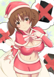 Rule 34 | blush, breasts, brown eyes, brown hair, capelet, cleavage, commentary request, crossed out, fur trim, game console, hair ornament, hair scrunchie, hat, highres, idolmaster, idolmaster cinderella girls, large breasts, navel, noizou (zatuo008), sack, santa costume, santa hat, scrunchie, skirt, smile, snowflakes, totoki airi, twintails