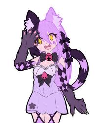 Rule 34 | 1girl, absurdres, animal ear fluff, animal ears, animal hands, black hair, cat ears, cat girl, cat paws, cat tail, cheshire cat (monster girl encyclopedia), claws, highres, long hair, monster girl, monster girl encyclopedia, monster girl encyclopedia ii, multicolored hair, non-web source, purple fur, rozetzune, solo, sticker, striped tail, tail