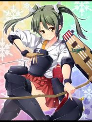 Rule 34 | 10s, 1girl, armor, armored boots, arrow (projectile), blush, boots, bow (weapon), bracelet, fingerless gloves, flight deck, gloves, greaves, green hair, hair ribbon, highres, honeycomb (pattern), honeycomb background, honeycomb pattern, jewelry, kantai collection, kuragari, long hair, muneate, personification, rainbow background, ribbon, single glove, skirt, smile, solo, thigh boots, thighhighs, twintails, weapon, yellow eyes, zuikaku (kancolle)