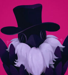 Rule 34 | black feathers, black headwear, feathers, fur scarf, hat, lobotomy corporation, masyu ori, motion lines, no humans, outstretched arms, pink background, plague doctor (project moon), plague doctor mask, project moon, reaching, reaching towards viewer, scarf, simple background, straight-on, top hat, upper body, white scarf