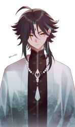 Rule 34 | 1boy, bead necklace, beads, black hair, chinese clothes, earrings, facial mark, forehead mark, genshin impact, green hair, highres, jewelry, jk 4140, male focus, multicolored hair, necklace, single earring, solo, tassel, white background, xiao (genshin impact), yellow eyes