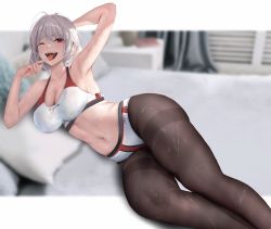 Rule 34 | 1girl, arm up, armpits, bed, blurry, blurry background, blush, breasts, brown pantyhose, buruma, character request, cleavage, copyright request, eyelashes, feet out of frame, grey hair, hand up, highres, indoors, large breasts, legs, medium hair, midriff, nail polish, navel, one eye closed, open mouth, pantyhose, pantyhose under shorts, photo background, pink nails, po ppe, red eyes, saliva, shadow, shorts, sideboob, solo, sports bra, suggestive fluid, sweatdrop, swept bangs, teeth, tongue, tongue out, upper teeth only