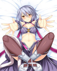 Rule 34 | 1girl, bed sheet, blush, breasts, cleavage, crossed legs, highres, kayuu, koihime musou, looking at viewer, navel, outstretched arms, reaching, reaching towards viewer, saeki hokuto, shin koihime musou, shin koihime musou otome ranbu, short hair, silver hair, smile, solo, thighhighs