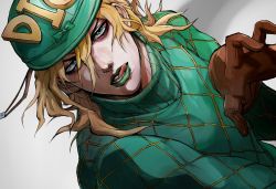 Rule 34 | 1boy, argyle, argyle clothes, argyle sweater, blonde hair, diego brando, gloves, green eyes, hat, highres, jojo no kimyou na bouken, licking lips, lipstick, looking at viewer, makeup, male focus, sano (hospital 0434), simple background, steel ball run, sweater, tongue, tongue out