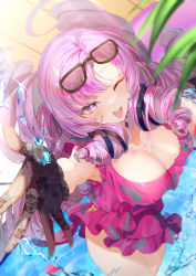 Rule 34 | 1girl, breasts, cleavage, drill hair, frilled one-piece swimsuit, frills, gloves, hyakumantenbara salome, large breasts, long hair, looking at viewer, mizurapi, nijisanji, one-piece swimsuit, one eye closed, open mouth, purple eyes, purple hair, smile, solo, sunglasses, swimsuit, virtual youtuber, water