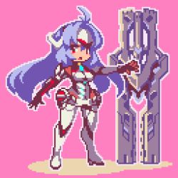 Rule 34 | 1girl, android, bad id, bad pixiv id, bare shoulders, blue hair, blush stickers, breasts, elbow gloves, forehead protector, full body, gloves, kos-mos, long hair, looking at viewer, nintendo, open mouth, outline, pink background, pixel art, red eyes, sakuemon, simple background, solo, very long hair, weapon, white outline, xenoblade chronicles (series), xenoblade chronicles 2