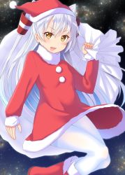 Rule 34 | 10s, 1girl, amatsukaze (kancolle), boots, dress, gurande (g-size), hair tubes, hat, highres, kantai collection, long hair, looking at viewer, pantyhose, red dress, red footwear, sack, santa hat, silver hair, sky, solo, star (sky), starry sky, thighband pantyhose, twintails, two side up, white pantyhose, yellow eyes