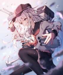 Rule 34 | 1girl, absurdres, anchor symbol, black hat, black sailor collar, black skirt, black thighhighs, blue eyes, collarbone, commentary, dfd, flat cap, grey hair, hat, hibiki (kancolle), highres, kantai collection, long hair, long sleeves, machinery, neckerchief, open mouth, pleated skirt, red neckerchief, rigging, sailor collar, school uniform, serafuku, skirt, smokestack, solo, thighhighs, torn clothes, torpedo launcher, torpedo tubes, turret, water