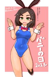 Rule 34 | 1girl, animal ears, black hair, blue one-piece swimsuit, border, bow, bowtie, bunny day, commentary request, competition swimsuit, covered navel, dated, detached collar, embarrassed, fang, green eyes, highres, kantai collection, kuroshio (kancolle), leotard, looking at viewer, medium hair, one-piece swimsuit, pink background, playboy bunny, playboy bunny swimsuit, rabbit ears, short hair, solo, swimsuit, tasogare yanio, thick eyebrows, translation request, twitter username, two-tone background, two-tone swimsuit, w arms, white border, wrist cuffs