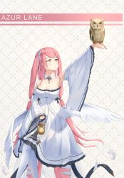 Rule 34 | 1girl, absurdres, animal, arm up, azur lane, bird, breasts, cleavage, copyright name, detached collar, detached sleeves, dress, feathered wings, highres, holding, holding animal, holding bird, holding lantern, lantern, large breasts, long hair, long sleeves, medium dress, owl, perseus (azur lane), pink eyes, pink hair, simple background, solo, standing, strapless, strapless dress, very long hair, white dress, white wings, wide sleeves, wings, yiyuanshierhui