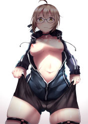 Rule 34 | 1girl, ahoge, artoria pendragon (all), artoria pendragon (fate), bike shorts, blonde hair, breasts, cameltoe, choker, fate/grand order, fate (series), from below, gluteal fold, looking down, medium breasts, mysterious heroine x alter (fate), mysterious heroine x alter (second ascension) (fate), nakatokung, nipples, no bra, saber (fate), skindentation, solo, thigh strap, unzipped, white background, yellow eyes